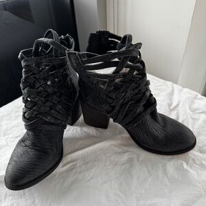 Free People Carrera Bootie Woven Ankle Distressed Black Leather Size 38